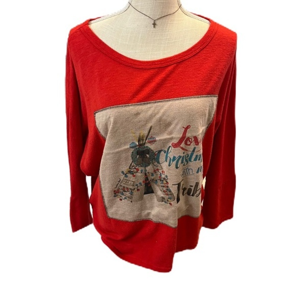 Red and Beige Graphic Long Sleeve Christmas Top M
